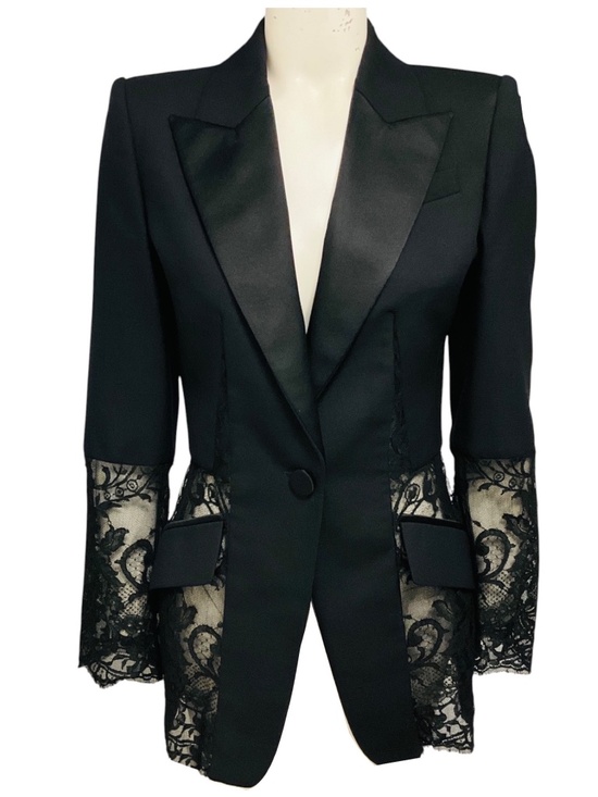 Alexander McQueen Jackets & Blazers - ALEXANDER MCQUEEN BLACK FLORAL LACE PANEL BLAZER JACKET